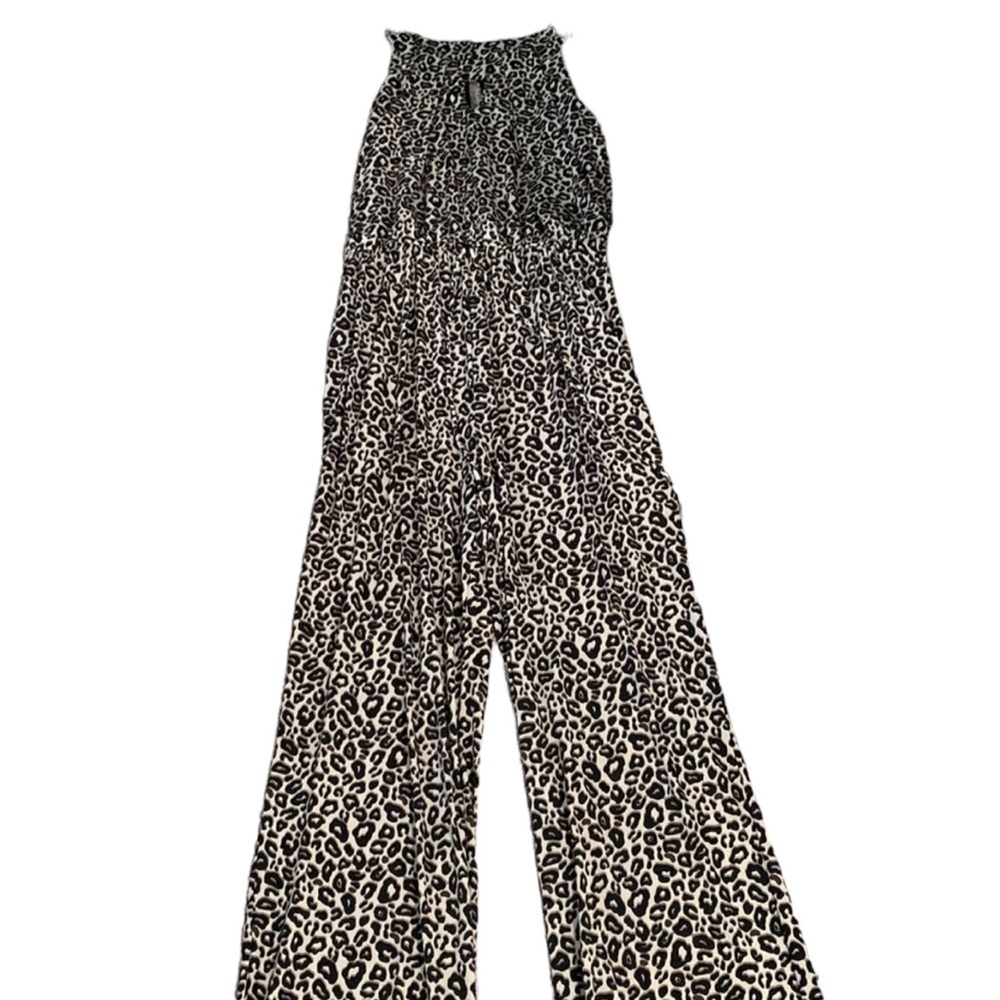 Leopard print halter neck key hole wide leg jumpsuit size L